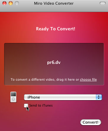 Conversor Miro Video: Checkbox Envie para o iTunes